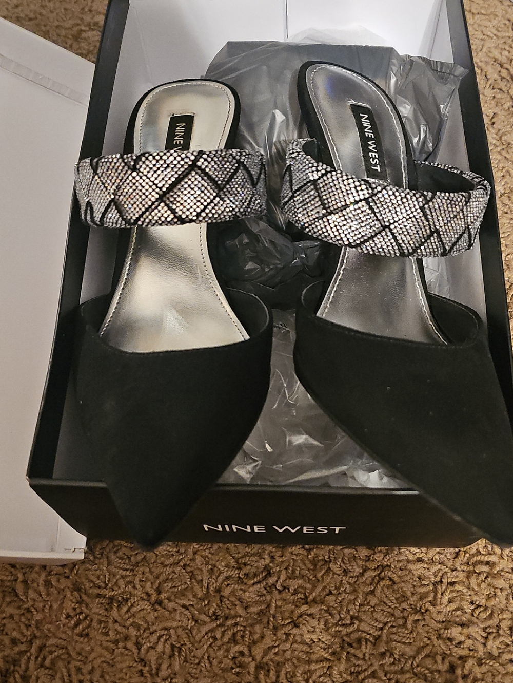 Nine West Black Pointed Mule with Sparkling Silver Braided Strap